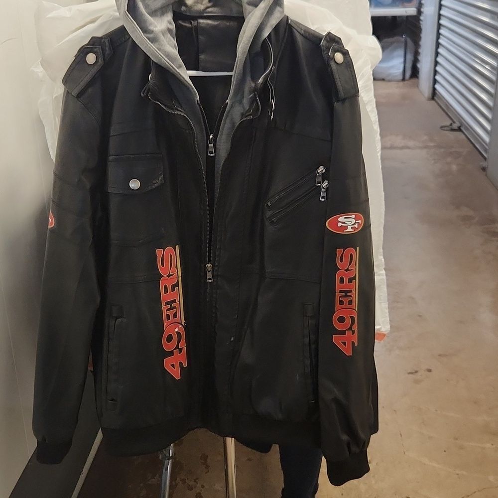 San Francisco 49ers Faux Leather Black Hooded Jacket XL